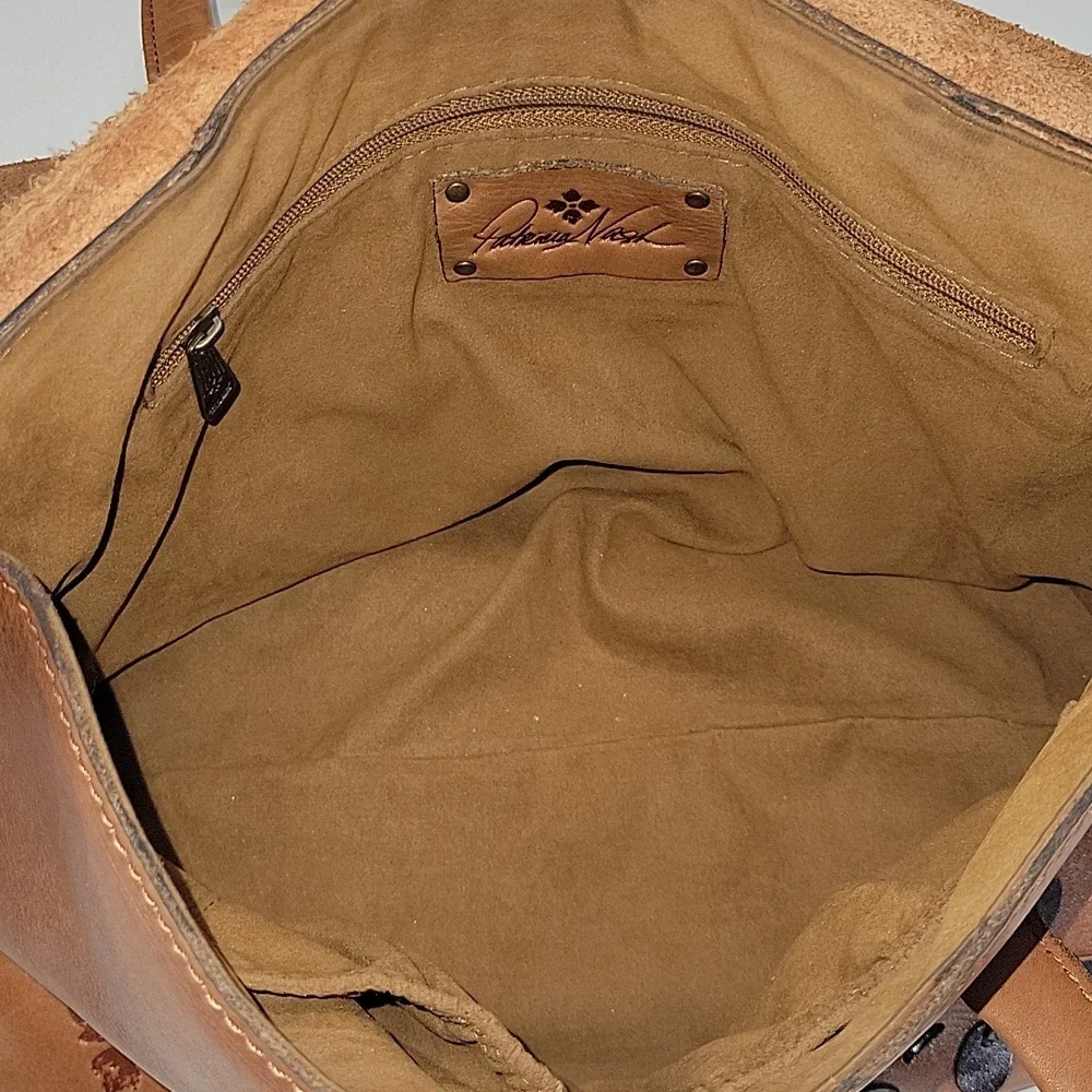 Patricia Nash Floral Appliqué Brown Leather Satchel Shoulder Bag Purse